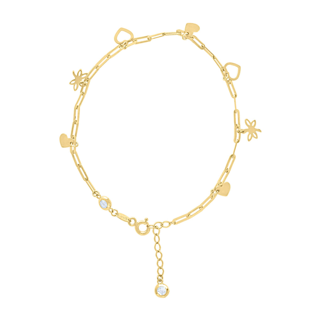 10K Yellow Gold Womens Cubic-Zirconia Butterfly Heart Charms Chain Bracelet Size 7 + 1 Inches