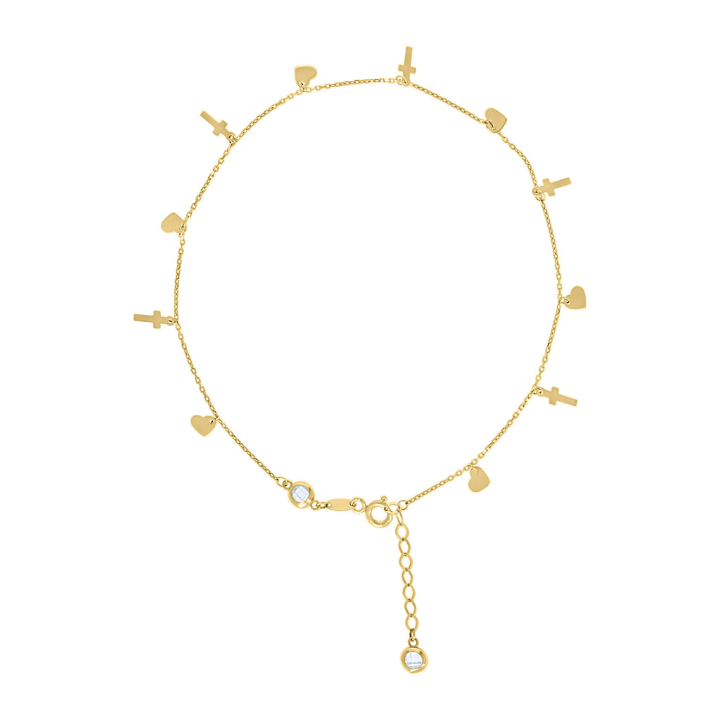 10K Yellow Gold Womens Cubic-Zirconia Heart Cross Charms Chain Anklet Size 9 + 1 Inches