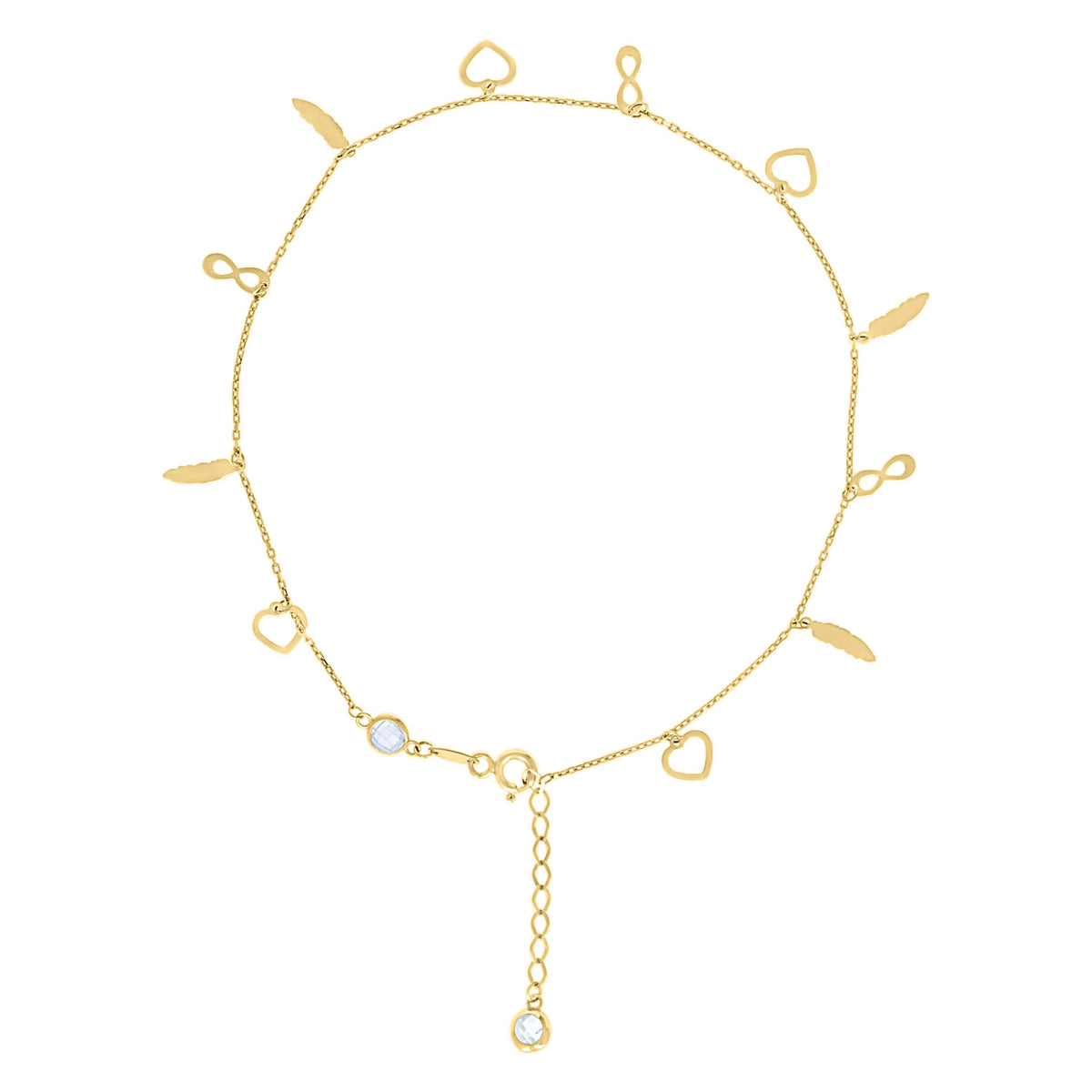 10K Yellow Gold Womens Cubic-Zirconia Heart/Infinity/Feather Charms Chain Anklet Size 9 + 1 Inches