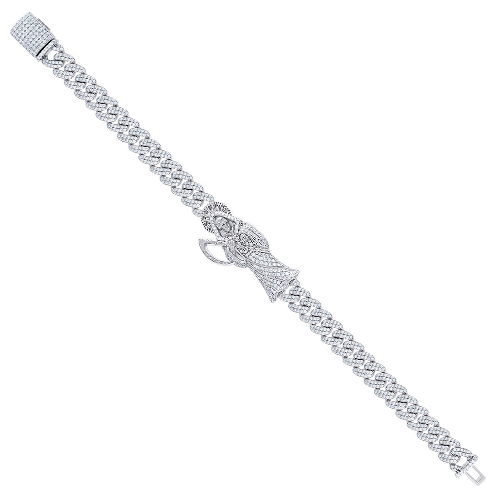 925 Sterling Silver Mens 4.57ct Moissanite Grim Reaper Death Angel Religious Charm Bracelet 8.5 Inches