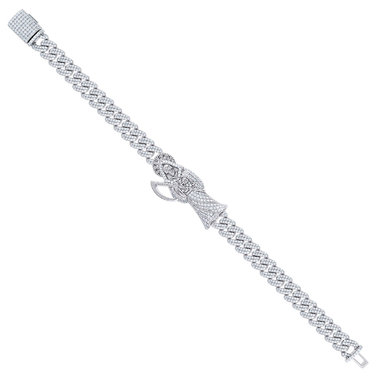 925 Sterling Silver Mens 4.57ct Moissanite Grim Reaper Death Angel Religious Charm Bracelet 8.5 Inches