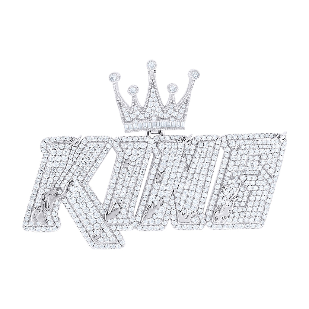 925 Sterling Silver Mens Baguette Round Cubic-Zirconia King Crown Talking Fashion Pendant