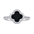 925 Sterling Silver Womens Cubic-Zirconia Black Enameled Clover Good Luck Ring Size 7