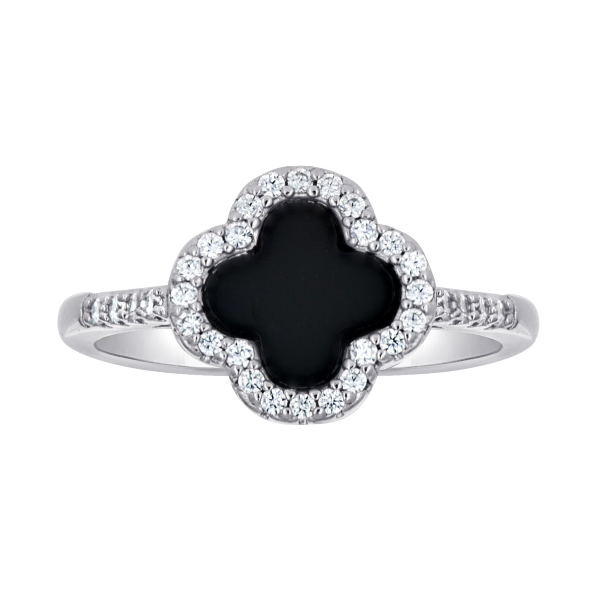 925 Sterling Silver Womens Cubic-Zirconia Black Enameled Clover Good Luck Ring Size 7