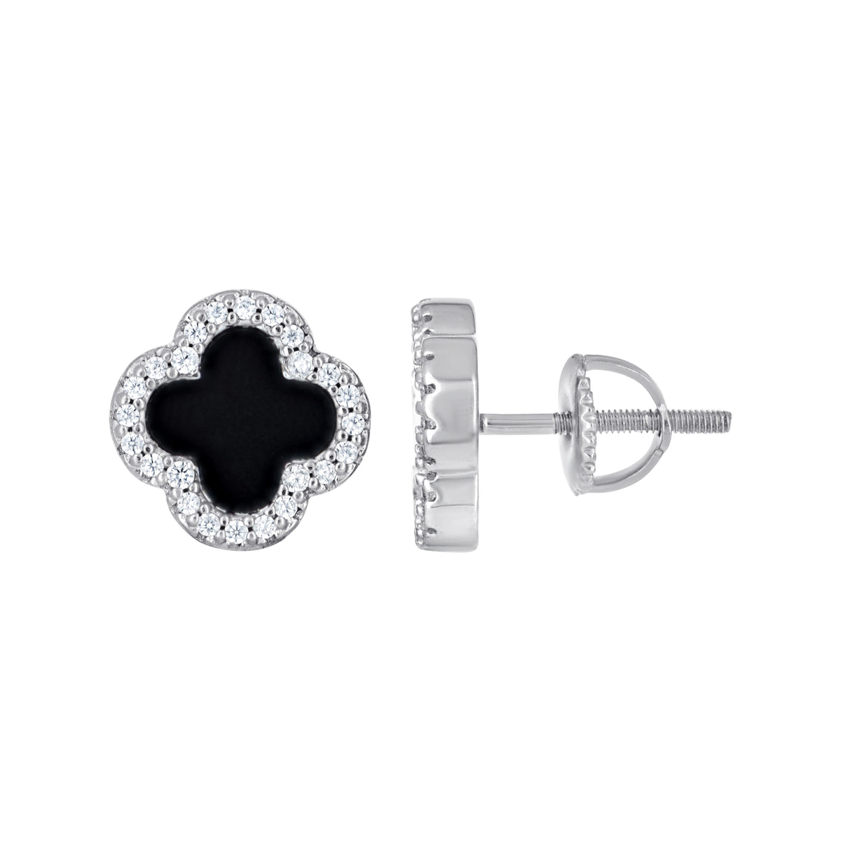 925 Sterling Silver Womens Cubic-Zirconia Black Enameled Clover Good Luck Stud Earrings 10mm