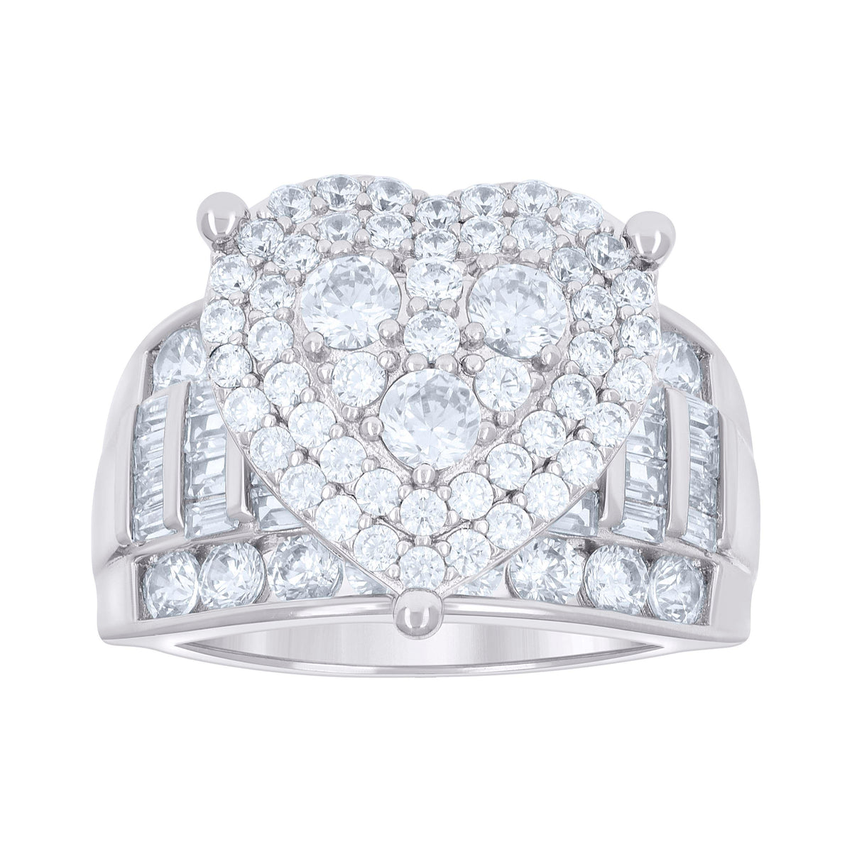 925 Sterling Silver Womens Baguette Round Cubic-Zirconia Heart Ring