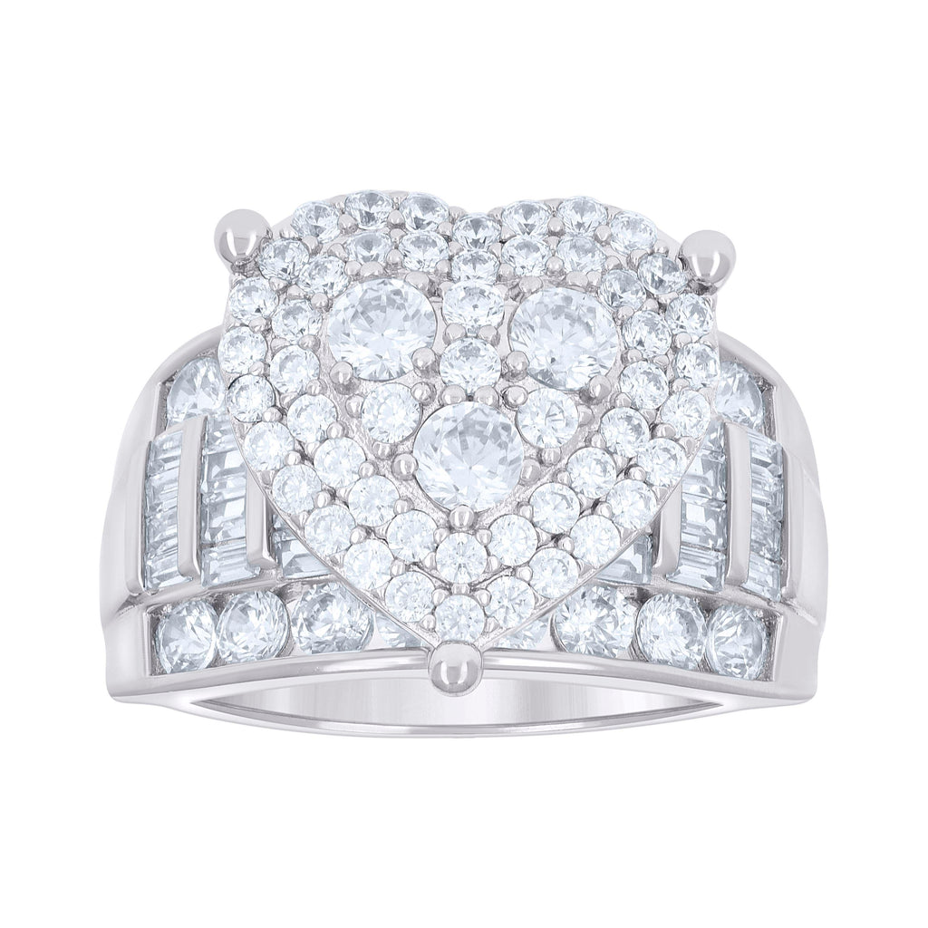 925 Sterling Silver Womens Baguette Round Cubic-Zirconia Heart Ring Size 6