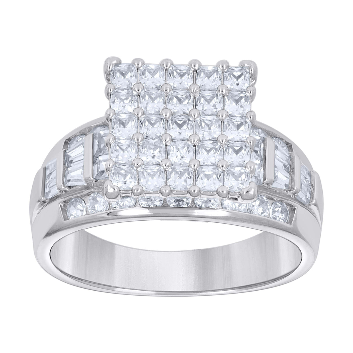925 Sterling Silver Womens Baguette/Princess-Cut Round Cubic-Zirconia Square Head Fashion Ring Size 8