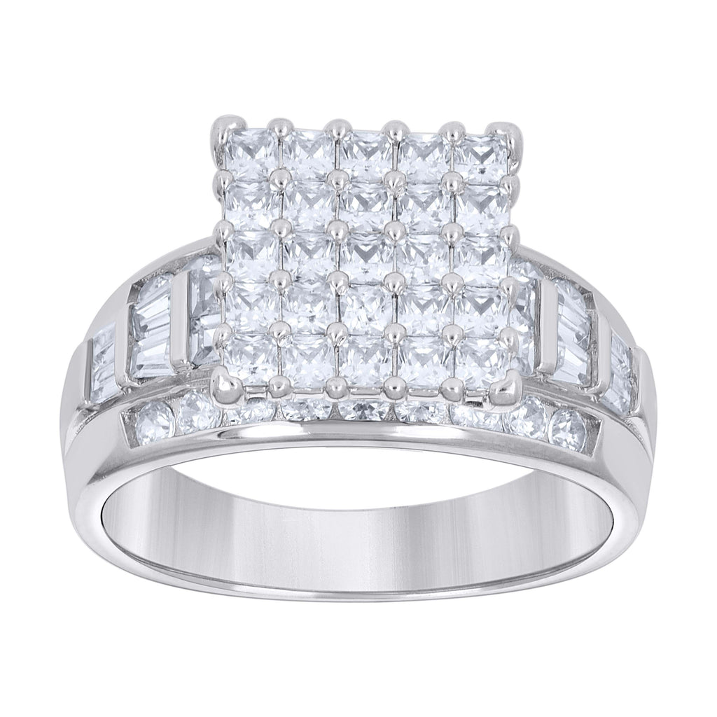 925 Sterling Silver Womens Baguette/Princess-Cut Round Cubic-Zirconia Square Head Fashion Ring Size 10
