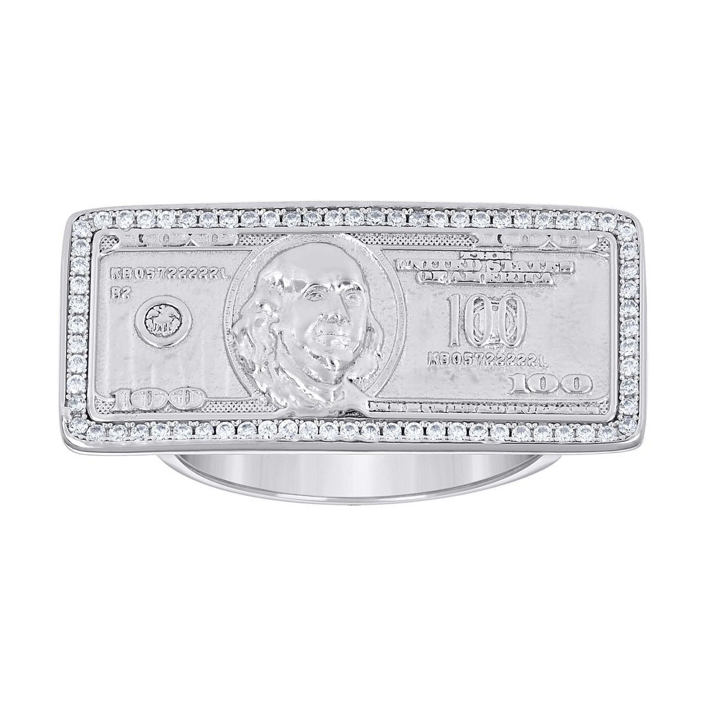 925 Sterling Silver Mens Cubic-Zirconia 100 Dollar Bill Currency Fashion Ring