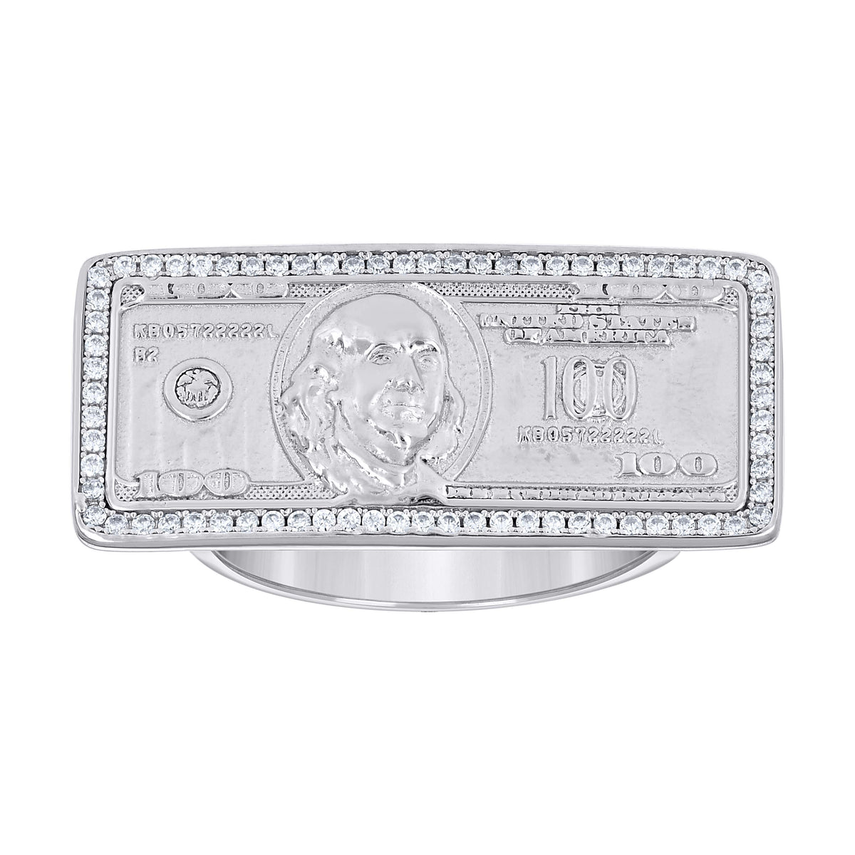925 Sterling Silver Mens Cubic-Zirconia 100 Dollar Bill Currency Fashion Ring