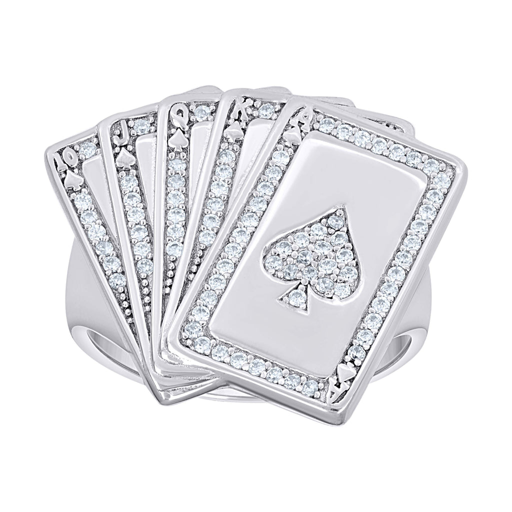 925 Sterling Silver Mens Cubic-Zirconia Poker Cards Gambling Ring Size 9