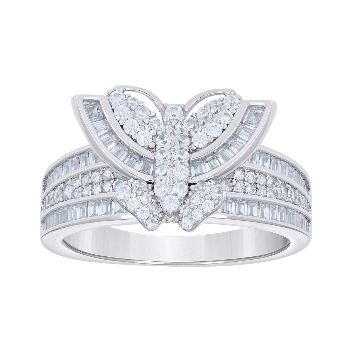 925 Sterling Silver Womens Baguette Round Cubic-Zirconia Butterfly Ring Size 8