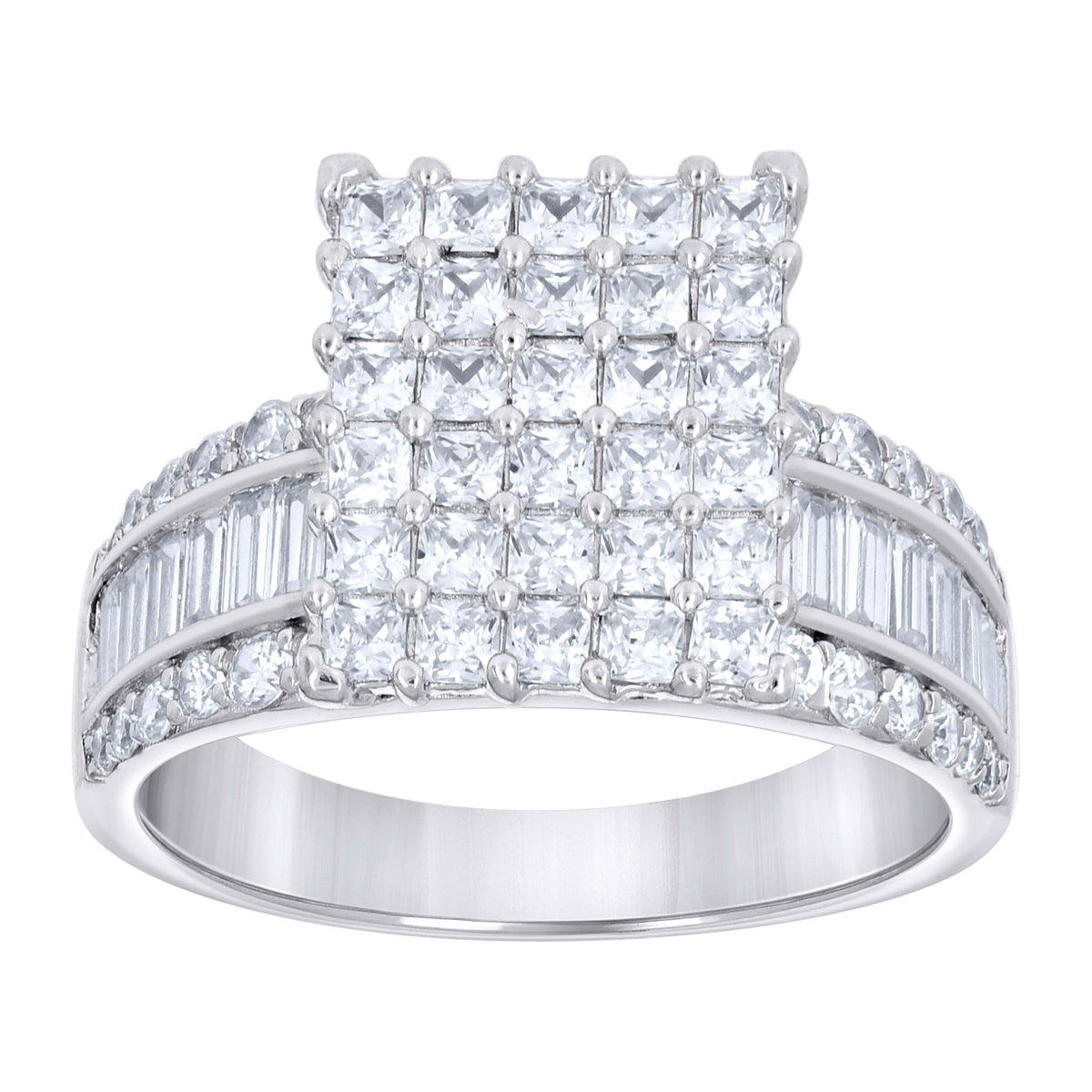 925 Sterling Silver Womens Baguette/Princess-Cut Round Cubic-Zirconia Square Head Fashion Ring Size 8