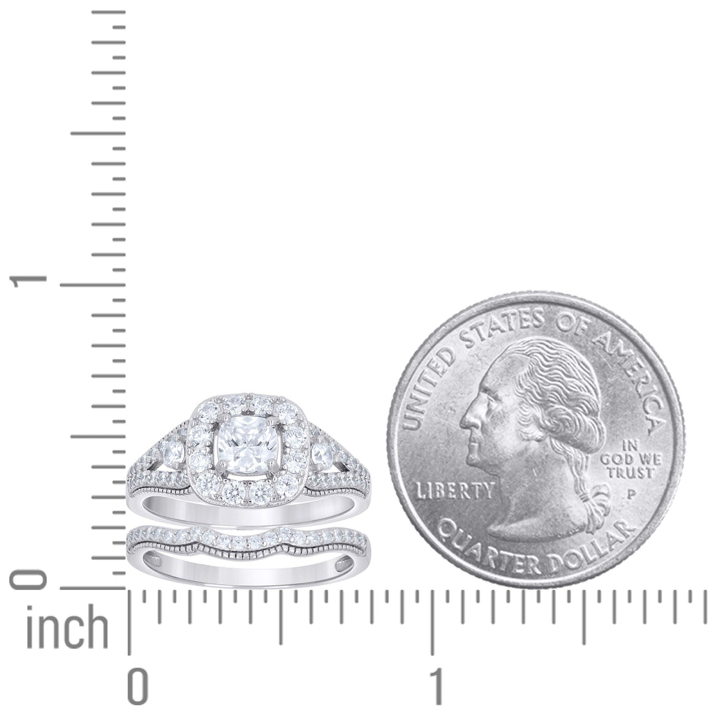 925 Sterling Silver Womens Cushion-Cut Round Cubic-Zirconia Duo Bridal Ring Set Size 9