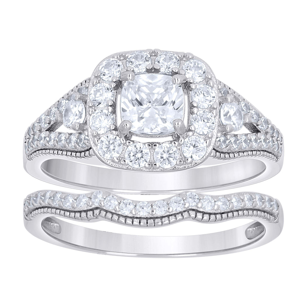 925 Sterling Silver Womens Cushion-Cut Round Cubic-Zirconia Duo Bridal Ring Set Size 9