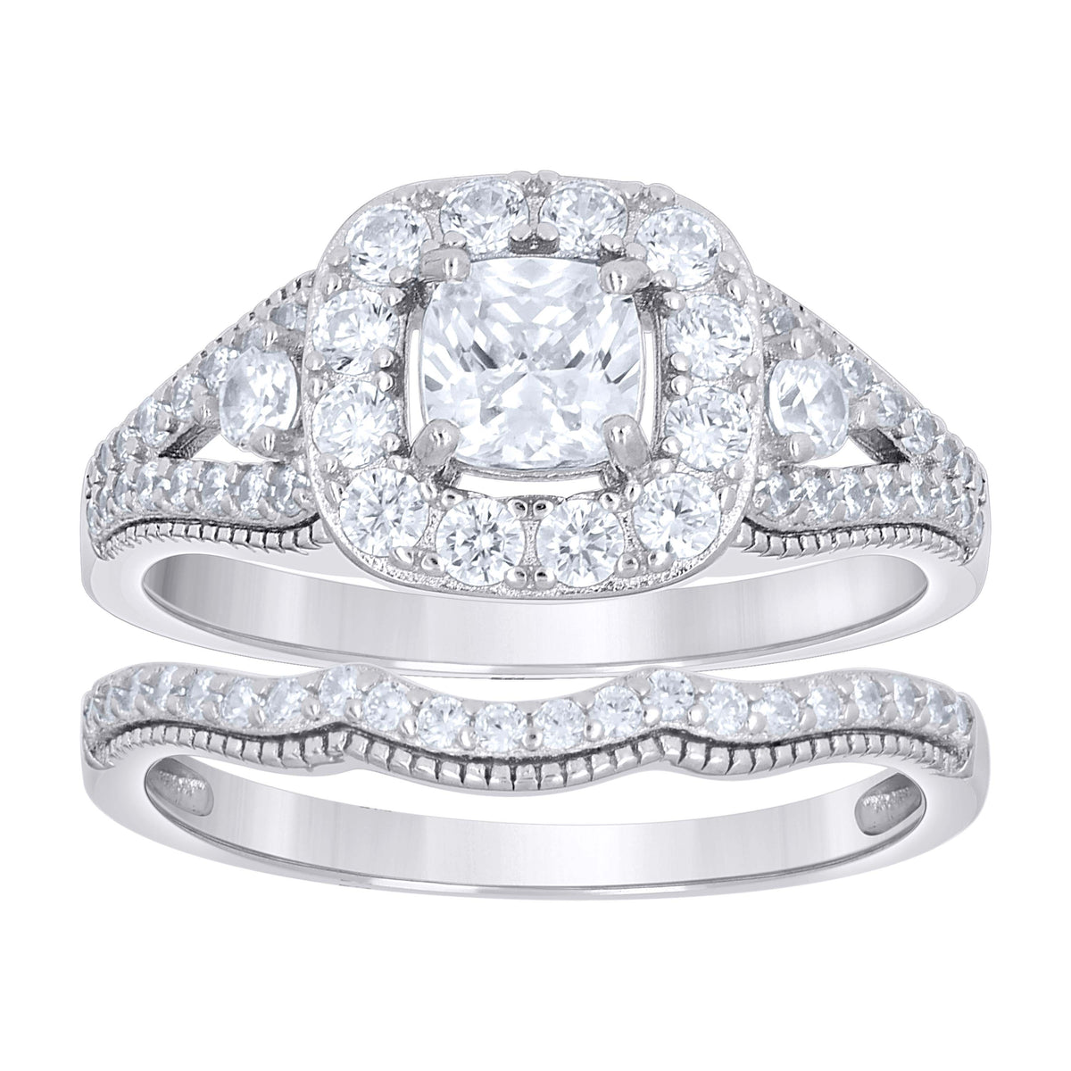 925 Sterling Silver Womens Cushion-Cut Round Cubic-Zirconia Duo Bridal Ring Set Size 9