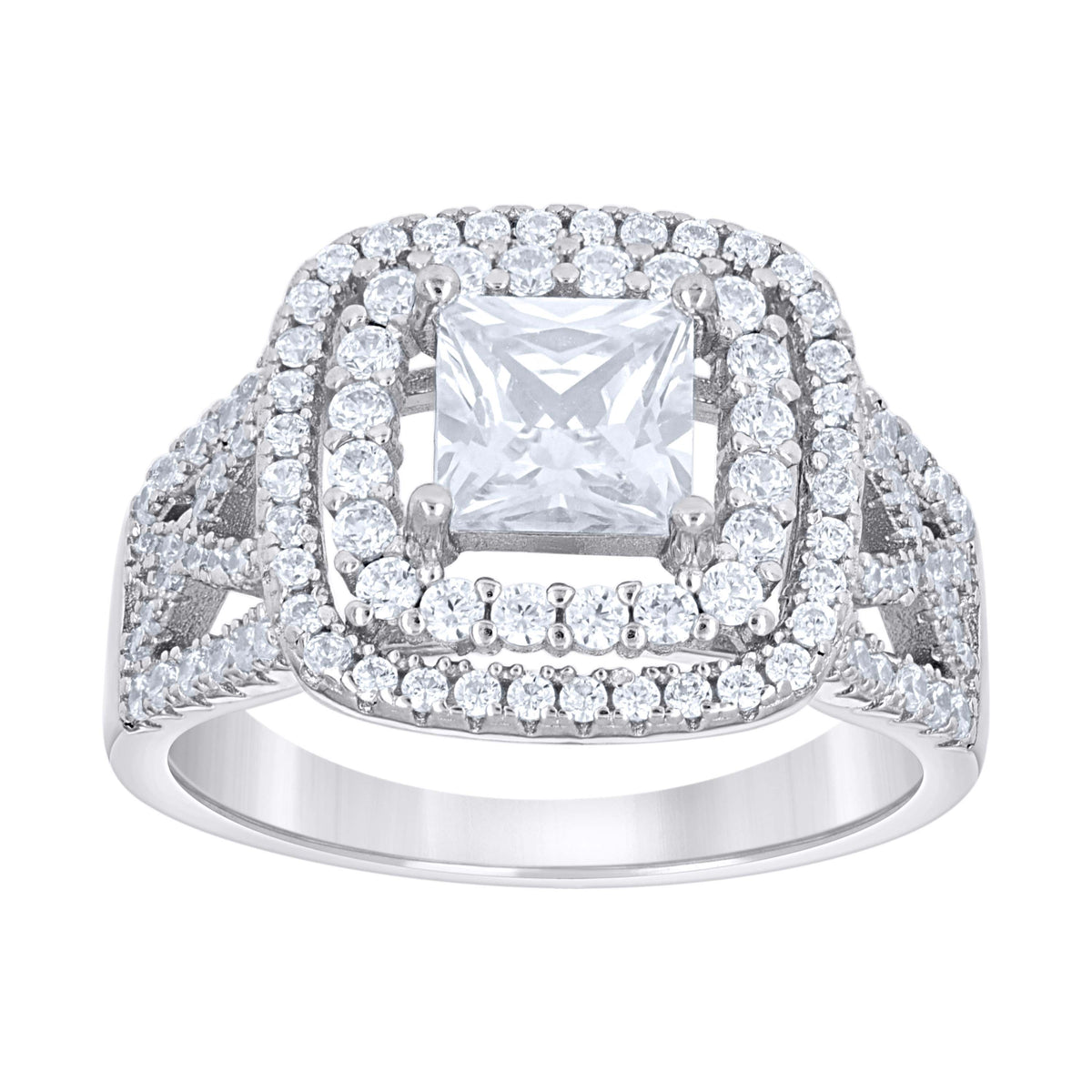 925 Sterling Silver Womens Princess-Cut Round Cubic-Zirconia Square Head Engagement Ring