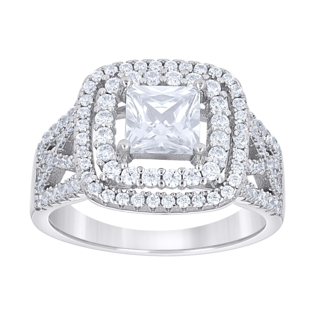 925 Sterling Silver Womens Princess-Cut Round Cubic-Zirconia Square Head Engagement Ring Size 9