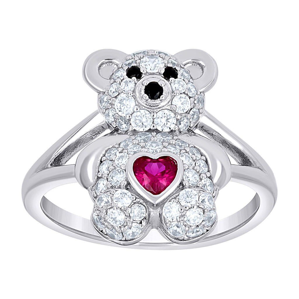 925 Sterling Silver Womens Black/Pink White Heart Round Cubic-Zirconia Teddy Bear Love Heart Ring Size 10