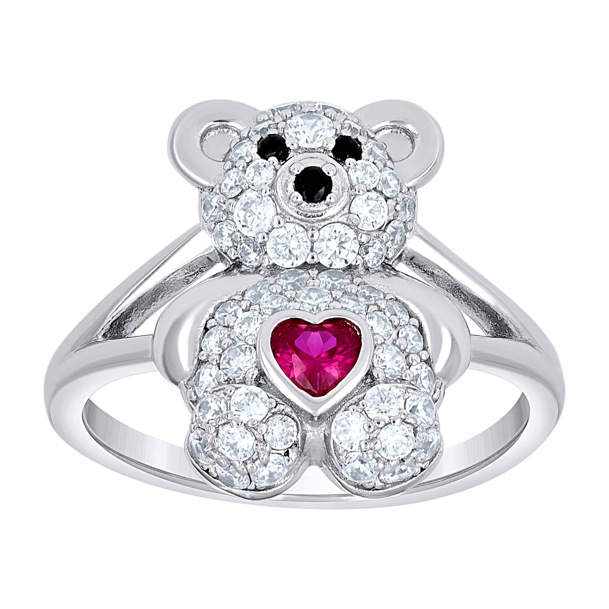 925 Sterling Silver Womens Black/Pink White Heart Round Cubic-Zirconia Teddy Bear Love Heart Ring Size 10