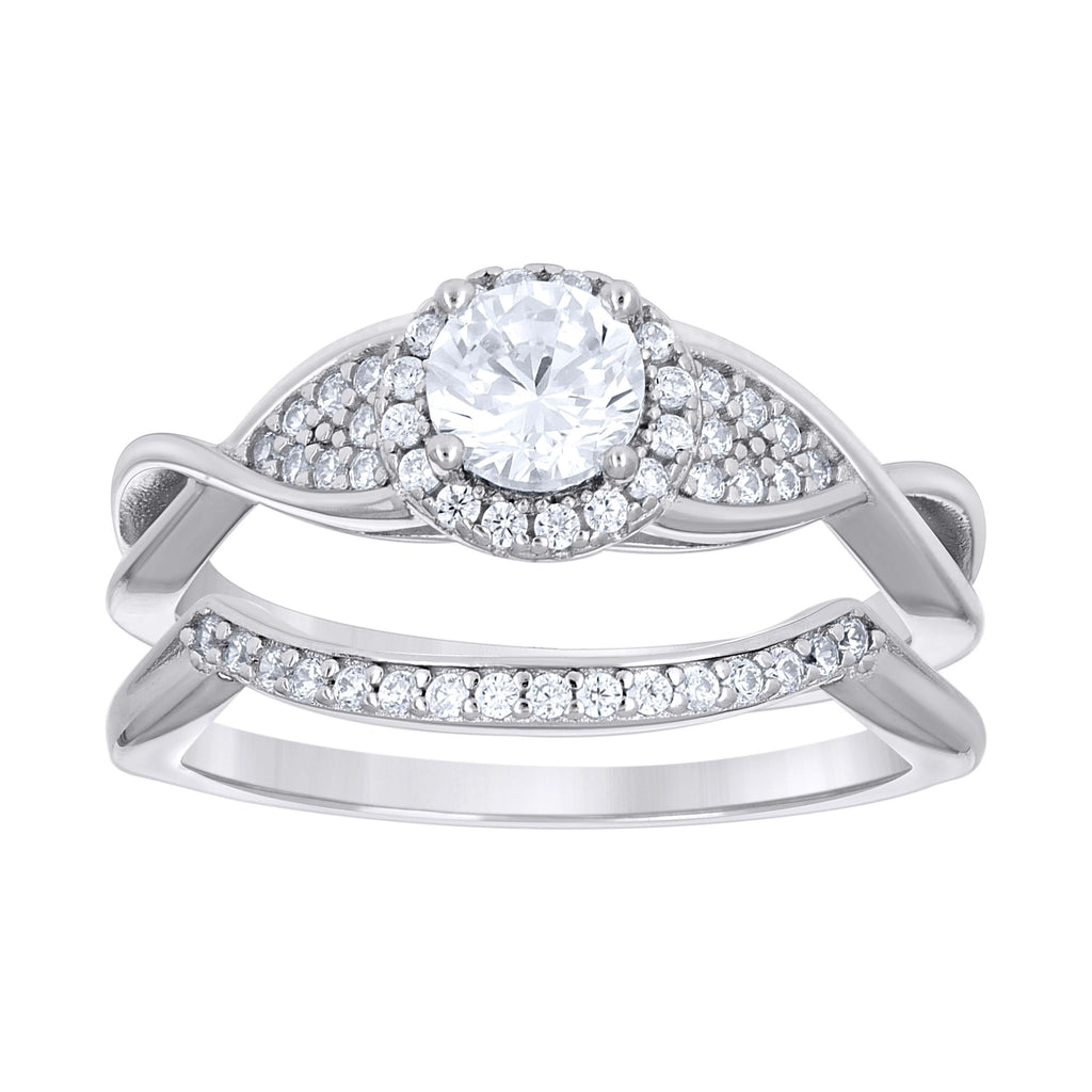 925 Sterling Silver Womens Cubic-Zirconia Halo Fashion Duo Ring Set