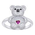 925 Sterling Silver Womens Black/Pink White Heart Round Cubic-Zirconia Teddy Bear Love Heart Ring Size 8