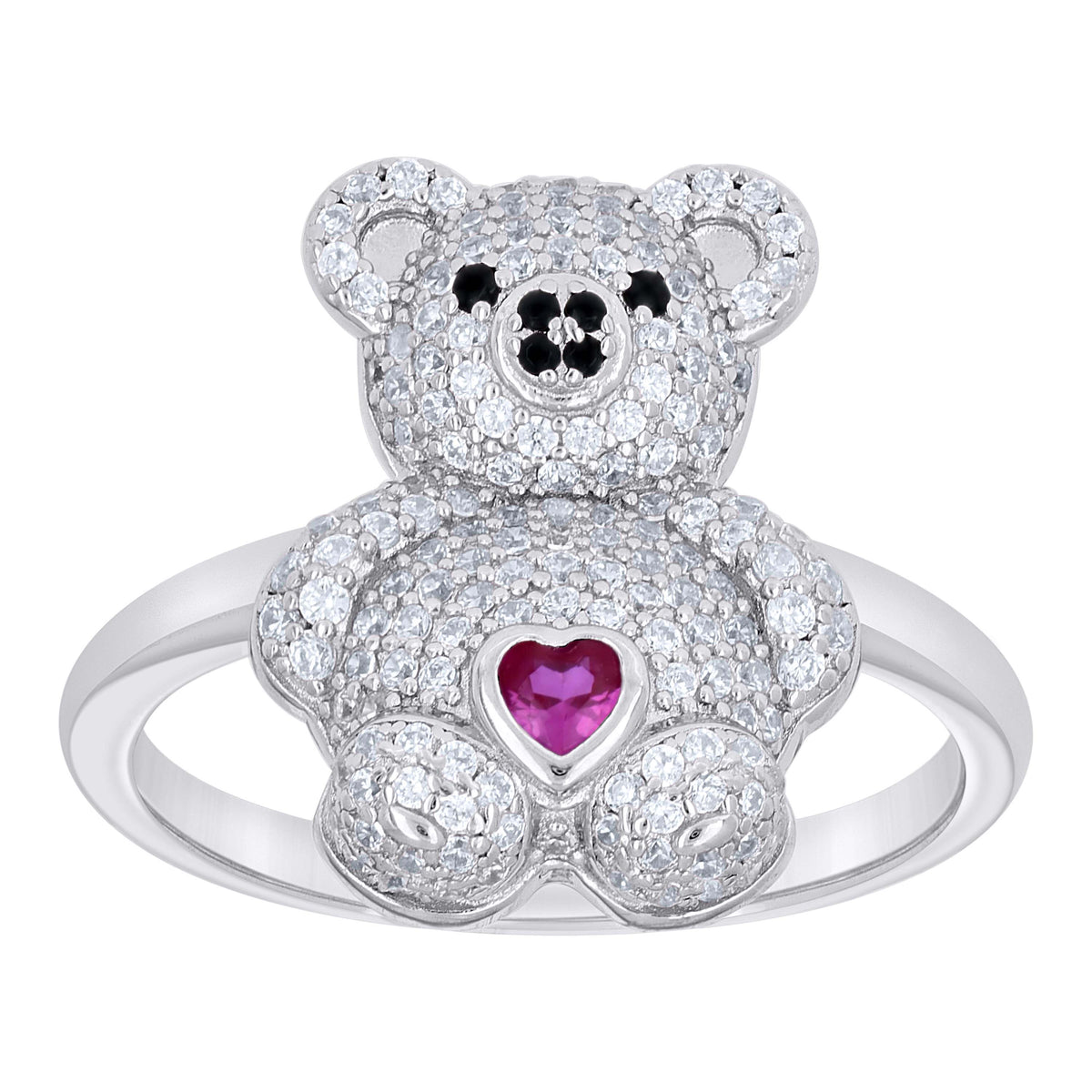 925 Sterling Silver Womens Black/Pink White Heart Round Cubic-Zirconia Teddy Bear Love Heart Ring Size 10