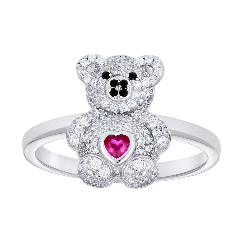 925 Sterling Silver Womens Black/Pink White Heart Round Cubic-Zirconia Teddy Bear Love Heart Ring Size 7