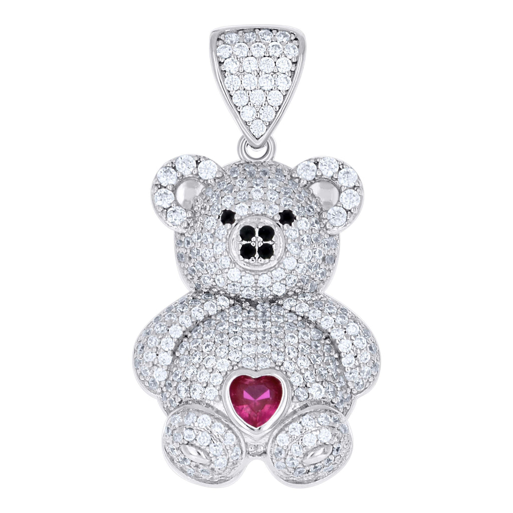 925 Sterling Silver Womens Black/Pink White Heart Round Cubic-Zirconia Teddy Bear Love Heart Charm Pendant
