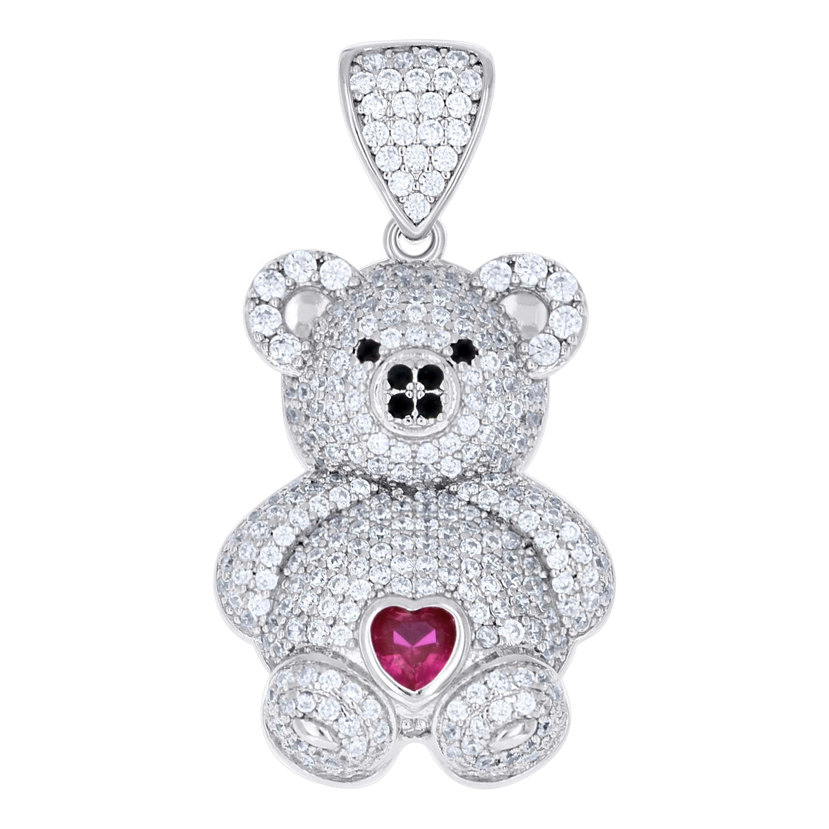 925 Sterling Silver Womens Black/Pink White Heart Round Cubic-Zirconia Teddy Bear Love Heart Charm Pendant