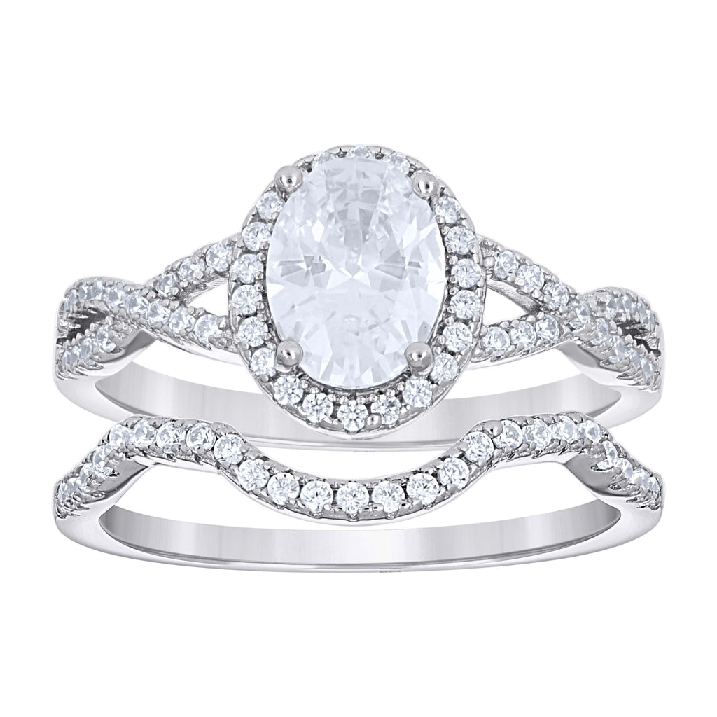 925 Sterling Silver Womens Oval Round Cubic-Zirconia Halo Duo Ring Set Size 10
