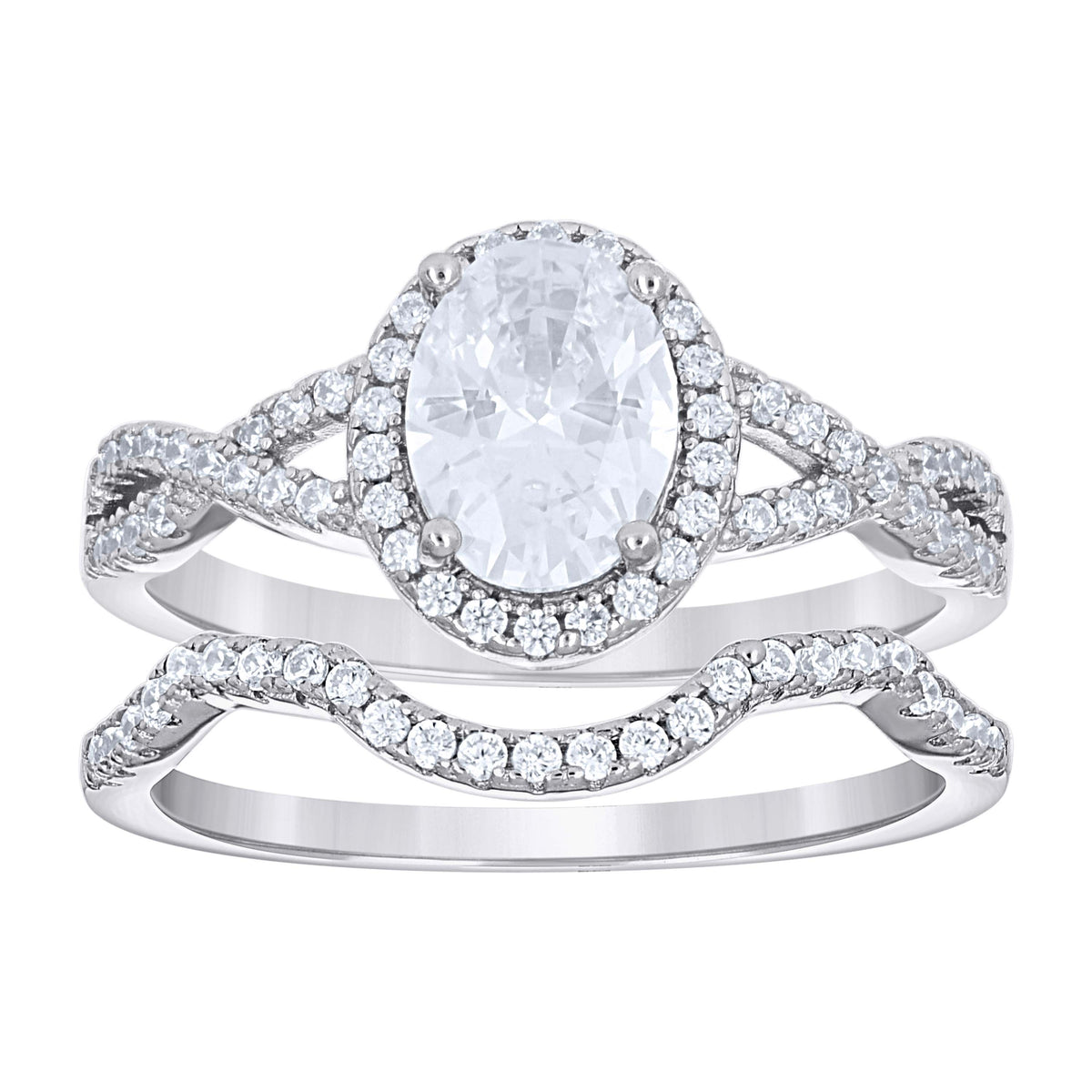 925 Sterling Silver Womens Oval Round Cubic-Zirconia Halo Duo Ring Set Size 10