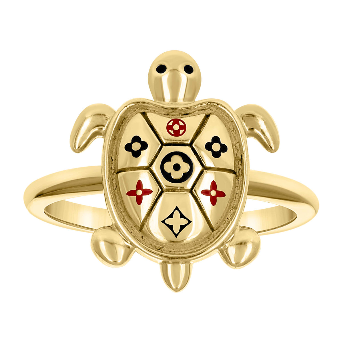 10K Yellow Gold Womens Enameled Clover Turtle Ocean Life Ring