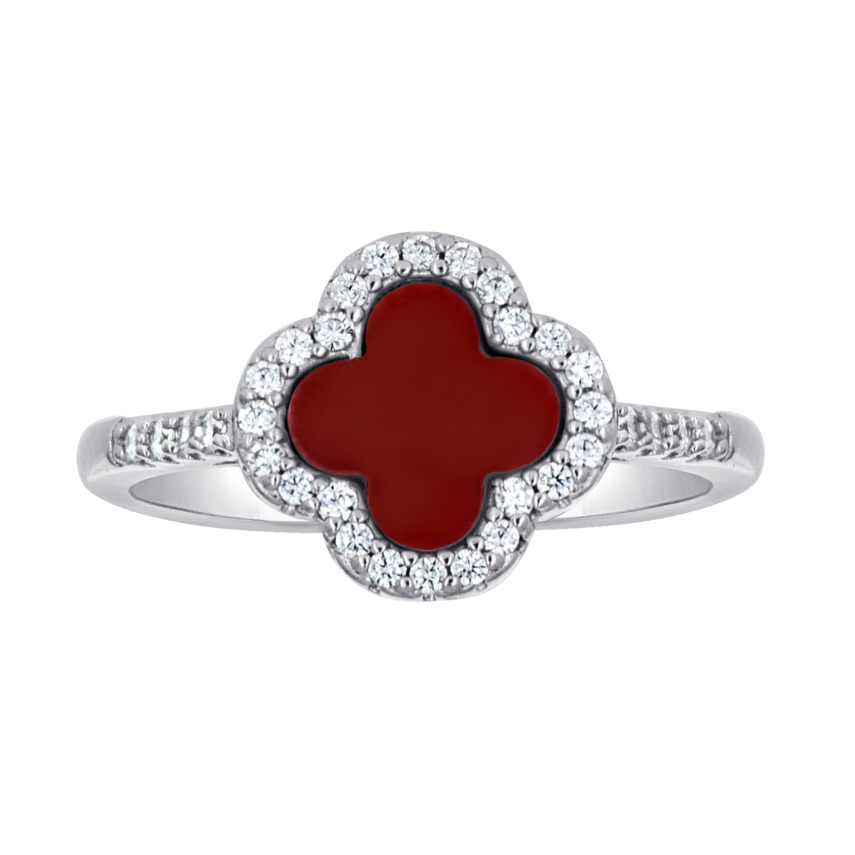 925 Sterling Silver Womens Cubic-Zirconia Red Enameled Clover Good Luck Ring