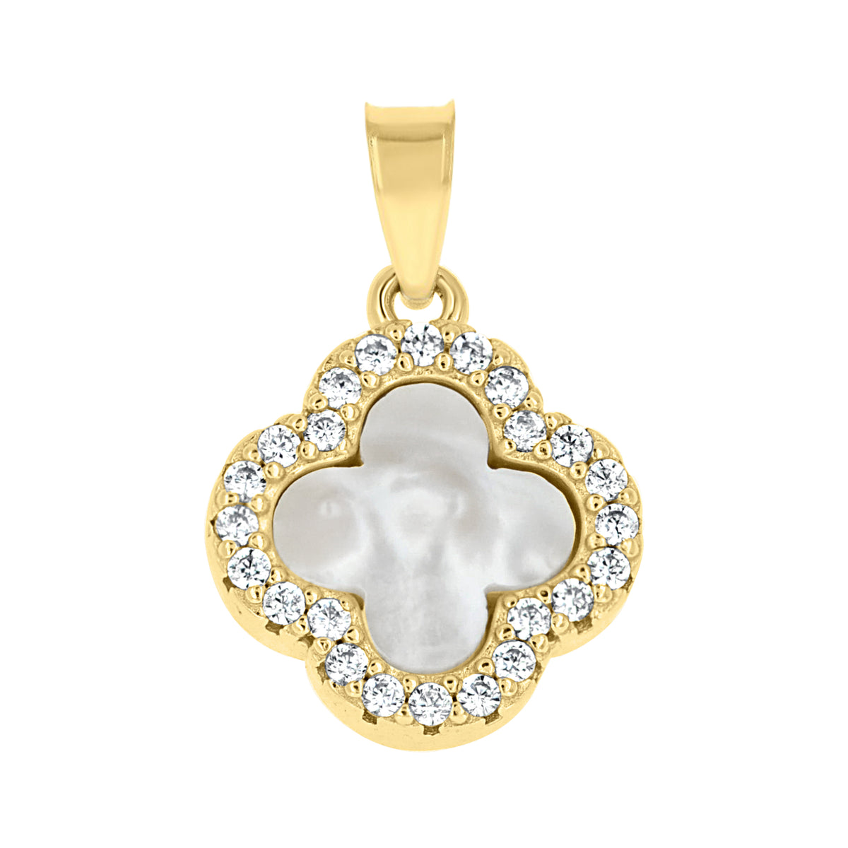 925 Sterling Silver Yellow-Tone Womens Cubic-Zirconia White Enameled Clover Good Luck Pendant