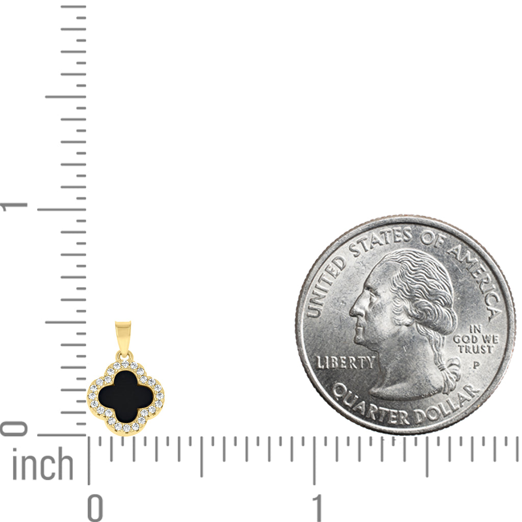 925 Sterling Silver Yellow-Tone Womens Cubic-Zirconia Black Enameled Clover Good Luck Pendant
