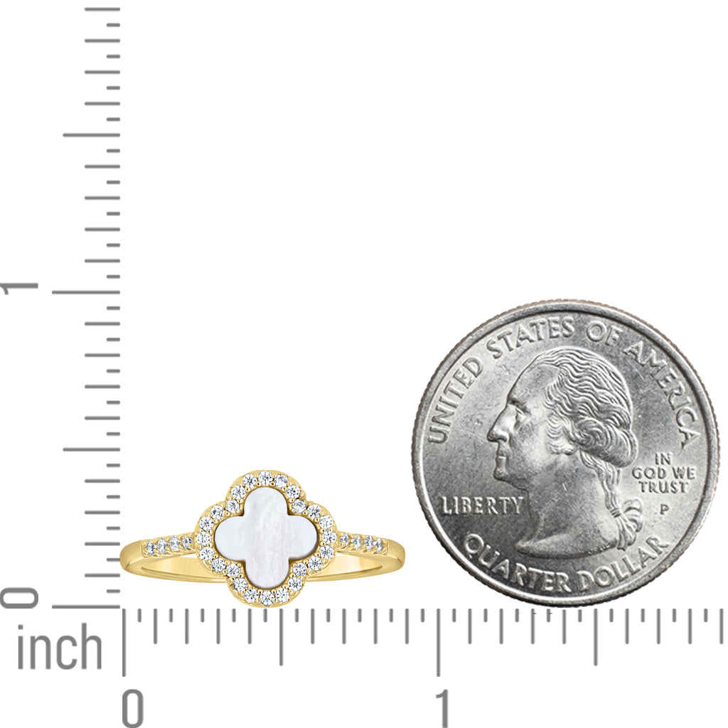 925 Sterling Silver Yellow-Tone Womens Cubic-Zirconia White Enameled Clover Good Luck Ring Size 10