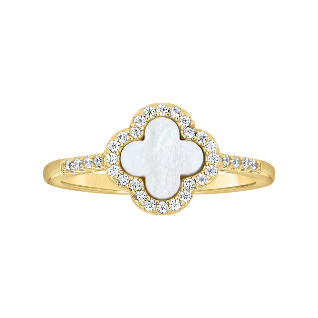 925 Sterling Silver Yellow-Tone Womens Cubic-Zirconia White Enameled Clover Good Luck Ring Size 10