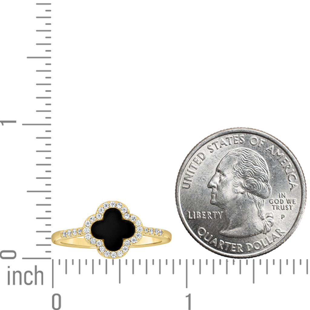 925 Sterling Silver Yellow-Tone Womens Cubic-Zirconia Black Enameled Clover Good Luck Ring Size 8