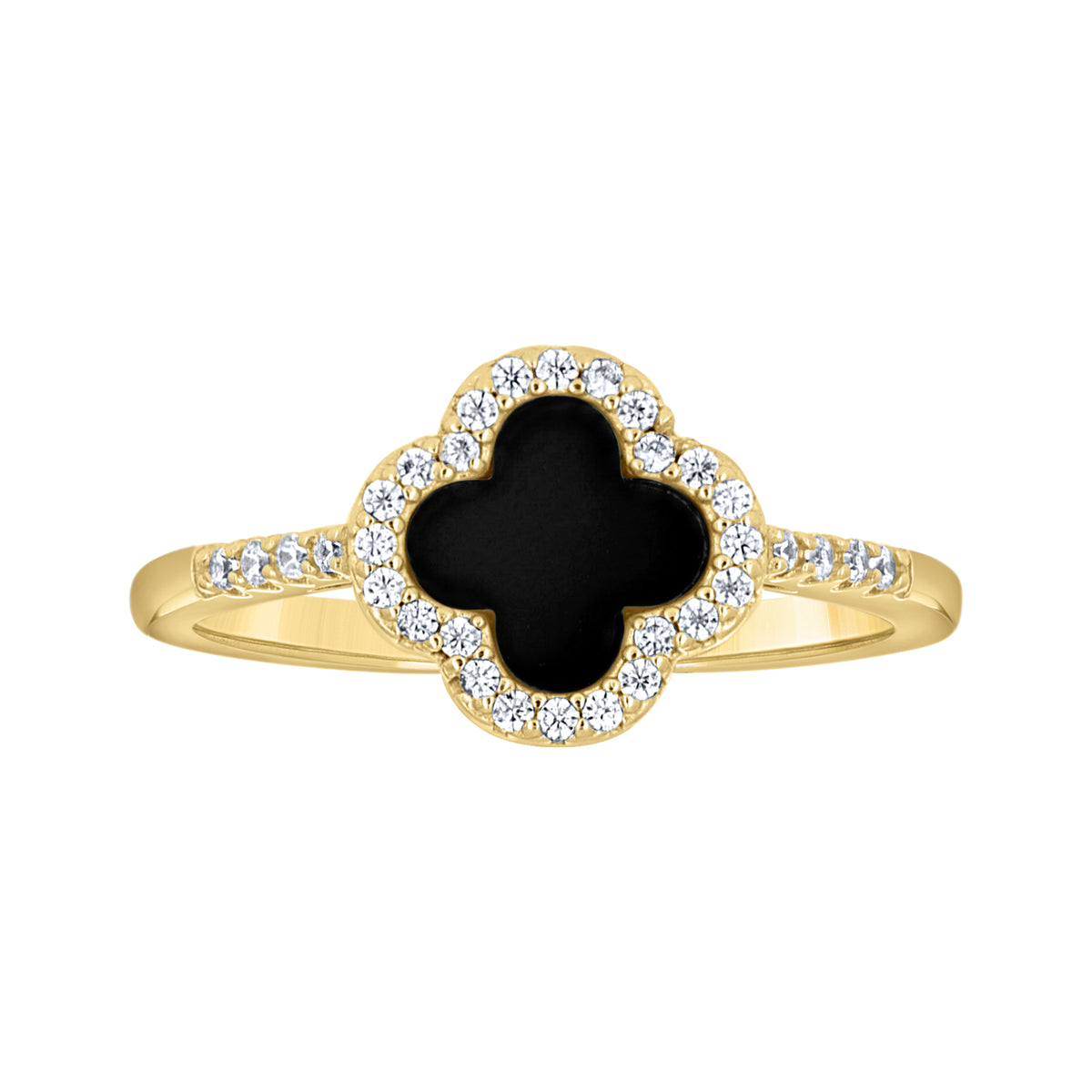 925 Sterling Silver Yellow-Tone Womens Cubic-Zirconia Black Enameled Clover Good Luck Ring Size 5