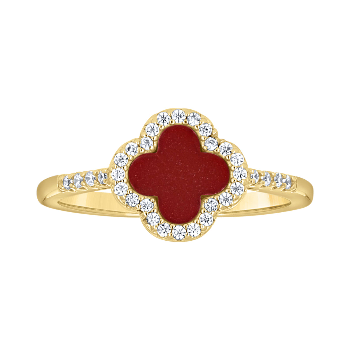 925 Sterling Silver Yellow-Tone Womens Cubic-Zirconia Red Enameled Clover Good Luck Ring Size 8