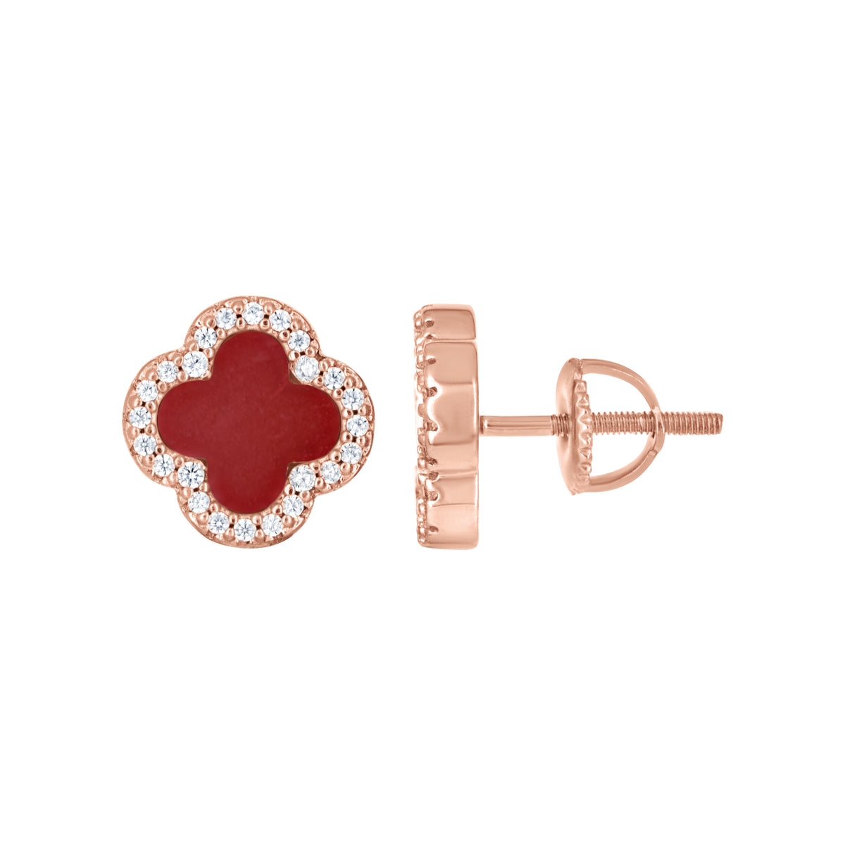 925 Sterling Silver Rose-Tone Womens Cubic-Zirconia Red Enameled Clover Stud Earrings 10mm