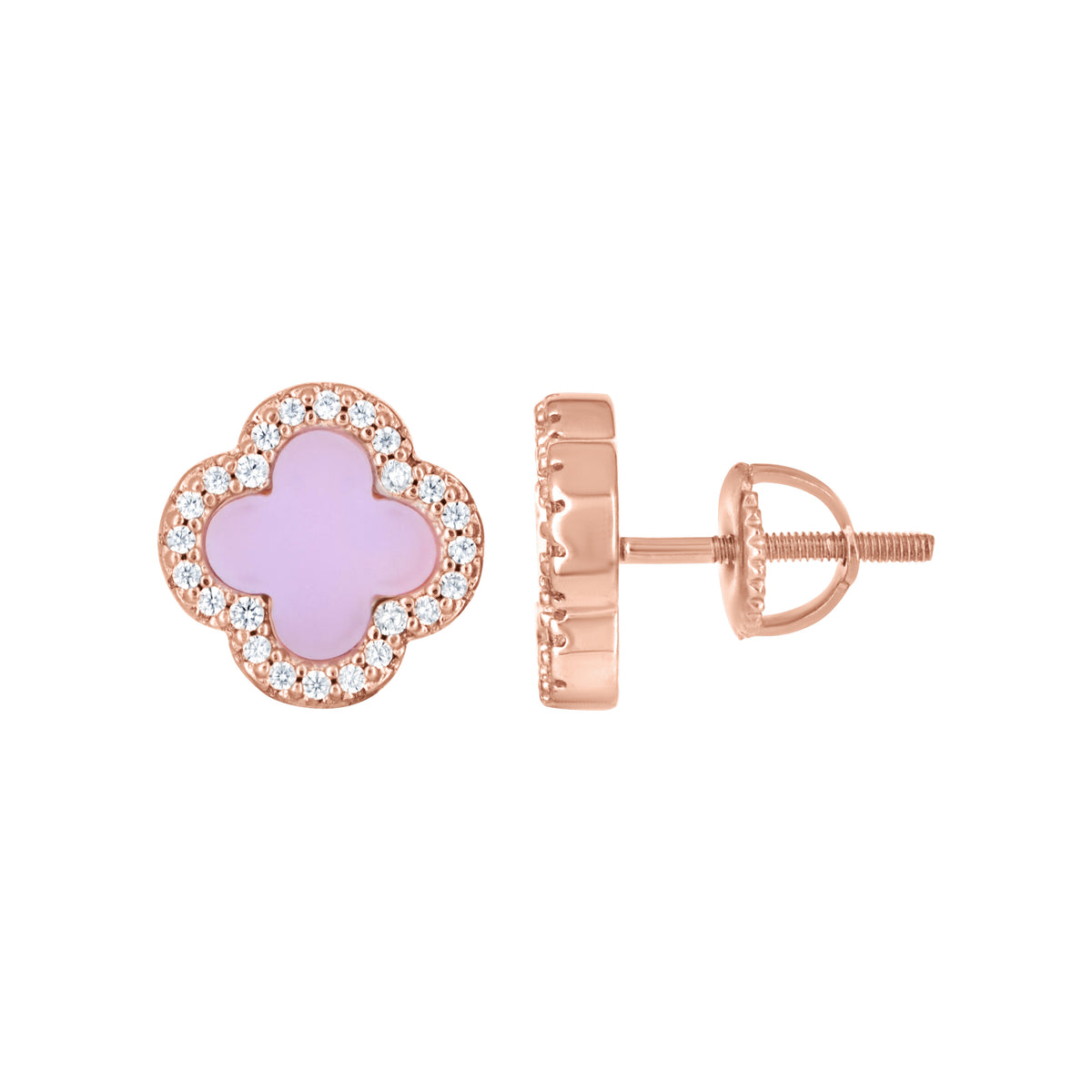 925 Sterling Silver Rose-Tone Womens Cubic-Zirconia Purple Enameled Clover Stud Earrings 10mm