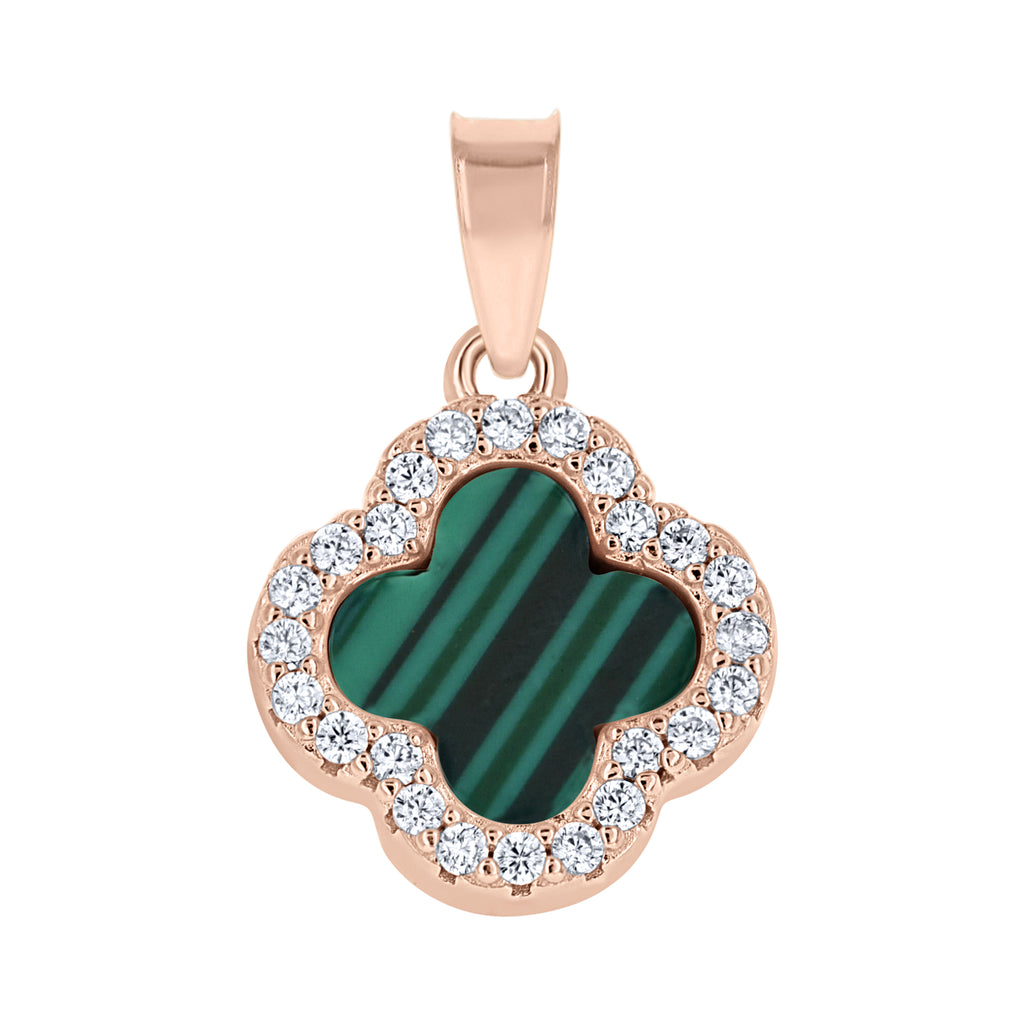 925 Sterling Silver Rose-Tone Womens Cubic-Zirconia Green Enameled Clover Good Luck Pendant