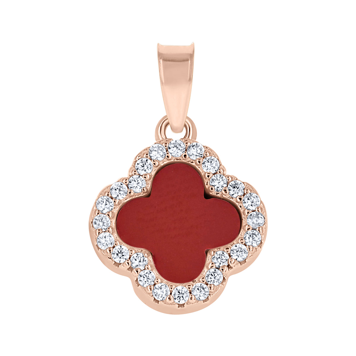 925 Sterling Silver Rose-Tone Womens Cubic-Zirconia Red Enameled Clover Good Luck Pendant