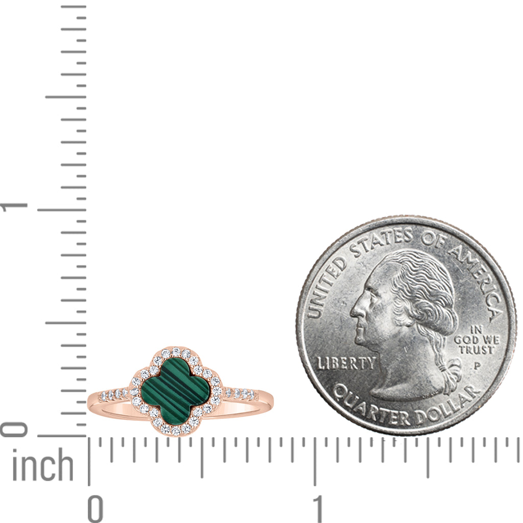 925 Sterling Silver Rose-Tone Womens Cubic-Zirconia Green Enameled Clover Good Luck Ring