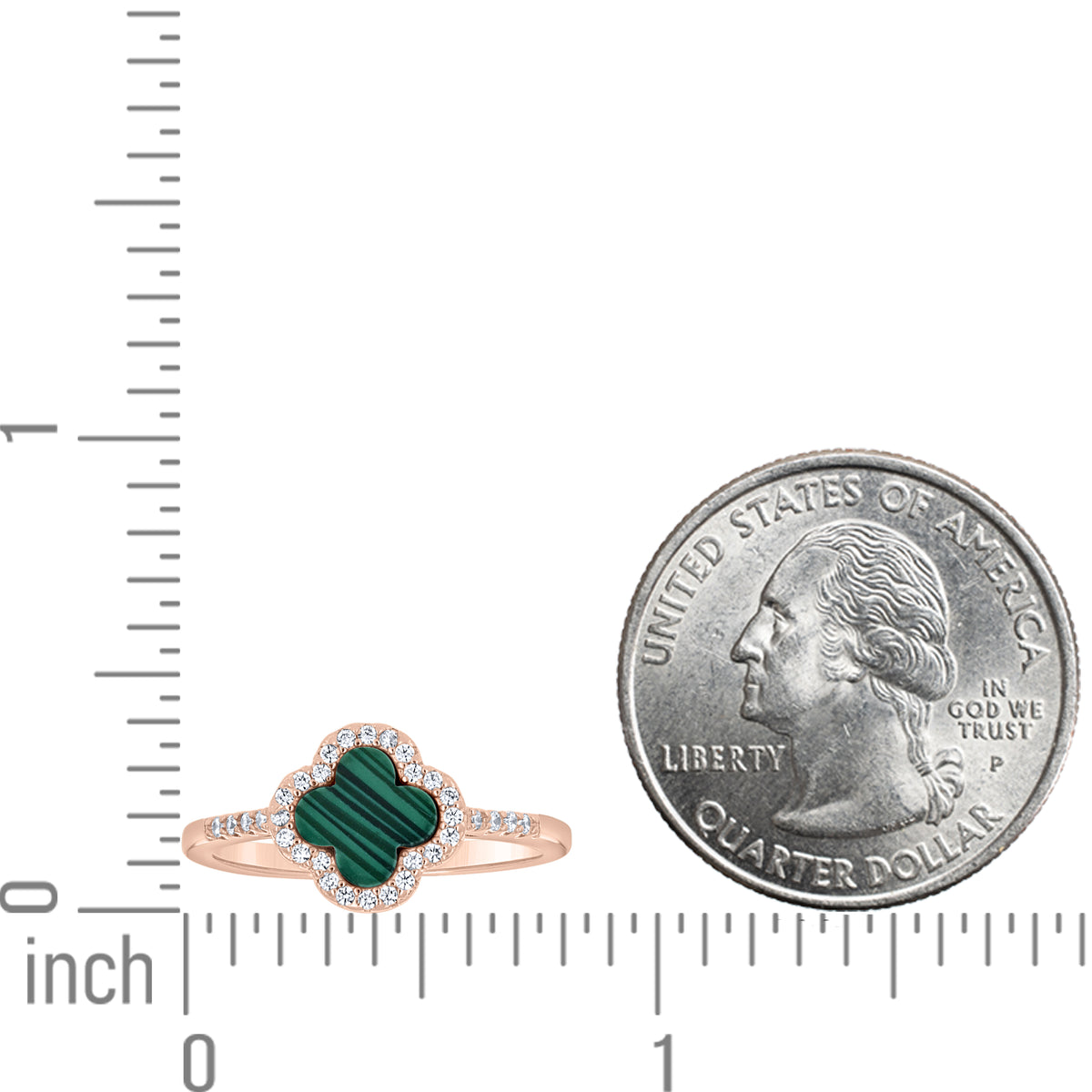 925 Sterling Silver Rose-Tone Womens Cubic-Zirconia Green Enameled Clover Good Luck Ring