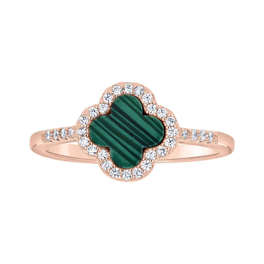 925 Sterling Silver Rose-Tone Womens Cubic-Zirconia Green Enameled Clover Good Luck Ring