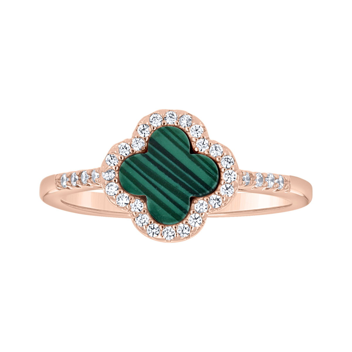 925 Sterling Silver Rose-Tone Womens Cubic-Zirconia Green Enameled Clover Good Luck Ring